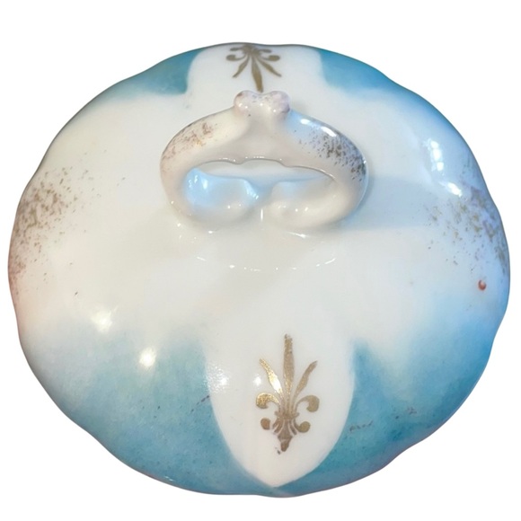 Antique Prussia Porcelain Double Handled Lidded Sugar Dish Pink Florals Elegant - Picture 7 of 9